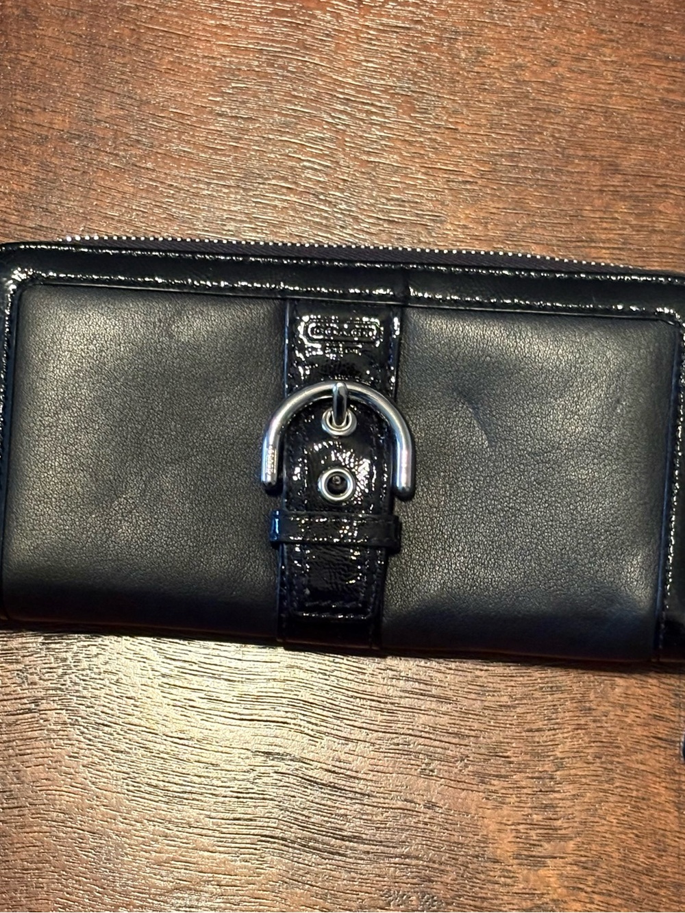 Coach Black Leather Continental Wallet with Silver Buckle Detail